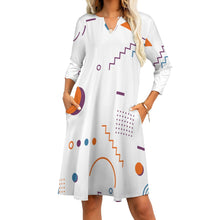 Load image into Gallery viewer, Ti Amo I love you - Exclusive Brand  - White Geometrical Pattern -7-Point Long Sleeve Dress - Sizes S-5XL
