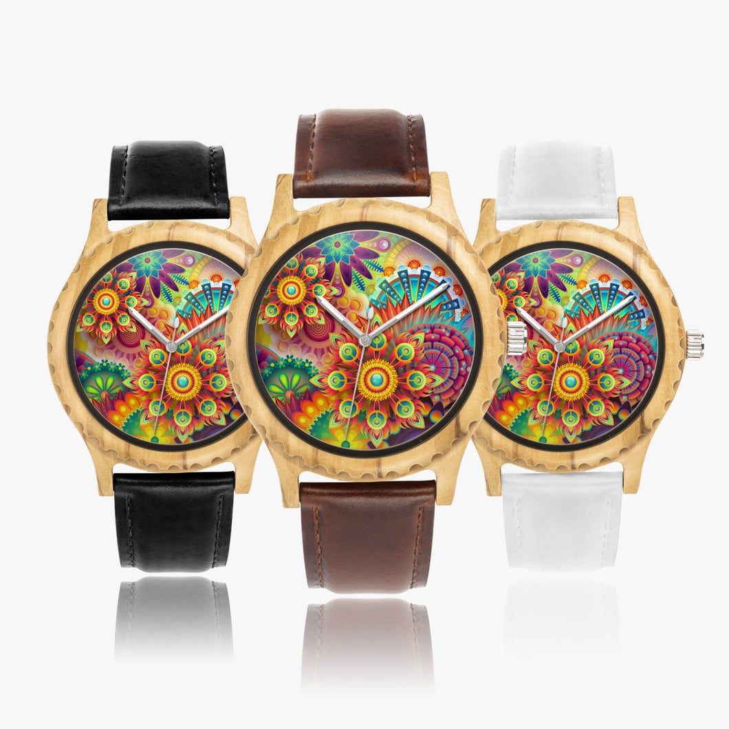 Ti Amo I love you - Exclusive Brand - Mandala Pattern - Unisex Designer Italian Olive Wood Watch - Leather Strap 45mm Black