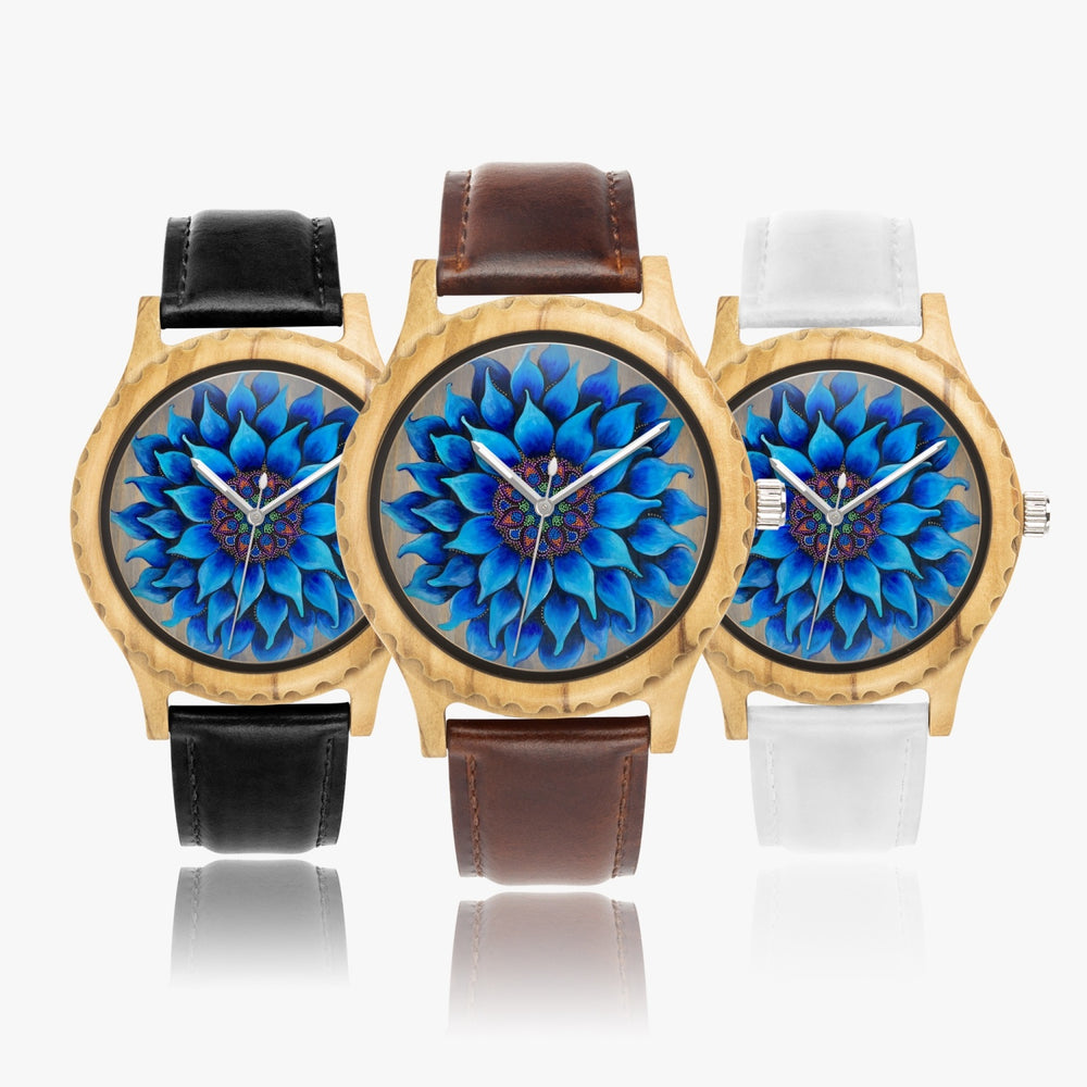 Ti Amo Iove you - Exclusive Brand - Blue Flower Mandala - Womens Designer Italian Olive Wood Watch - Leather Strap 45mm Black