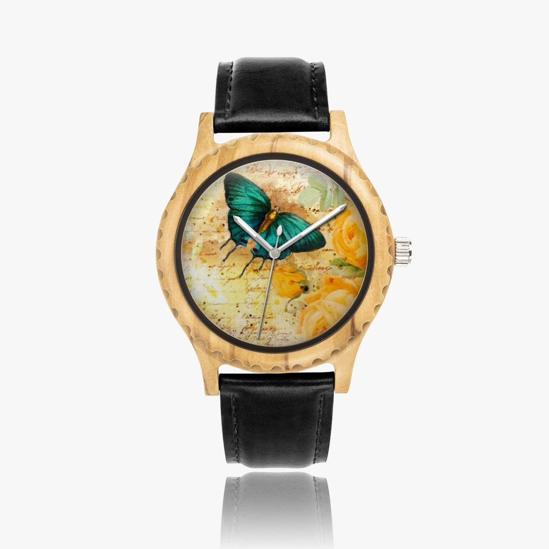 Ti Amo I love you - Exclusive Brand - Butterfly - Womens Designer Italian Olive Wood Watch - Leather Strap