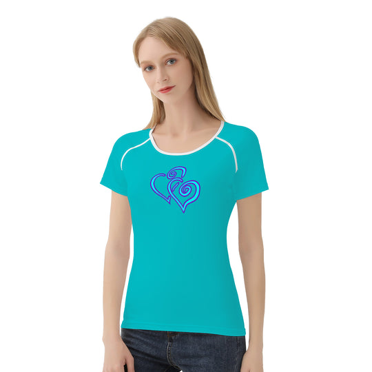 Ti Amo I love you - Exclusive Brand - Vivid Cyan (Robin's Egg Blue) - Double Cyan Heart - Women's T shirt