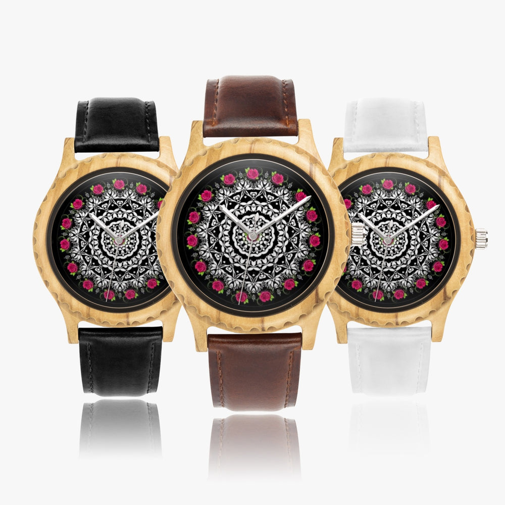 Ti Amo I love you - Exclusive Brand - Rose Mandala - Womens Designer Italian Olive Wood Watch - Leather Strap 45mm Black