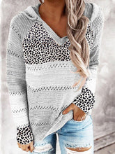 Load image into Gallery viewer, Full Size Openwork Leopard Drawstring Hooded Sweater
