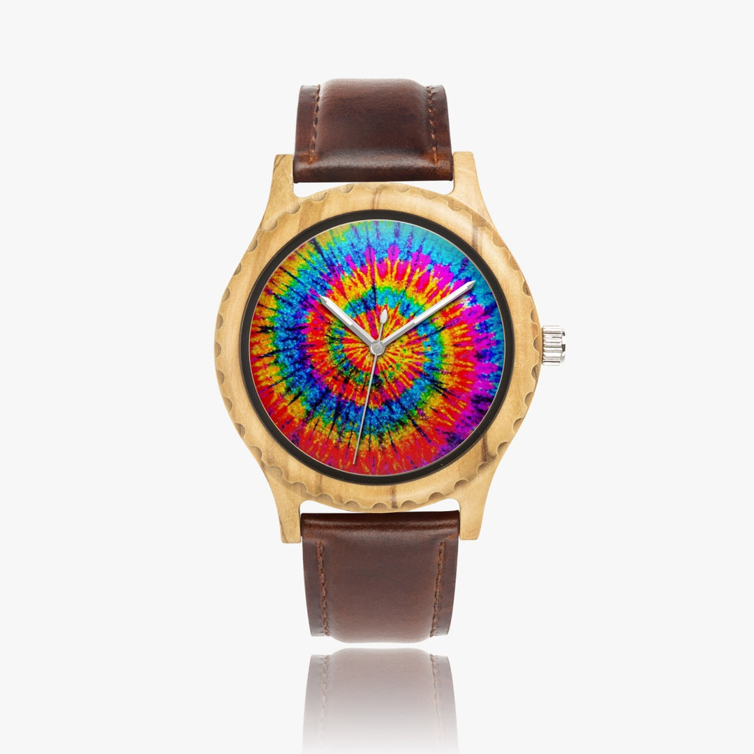 Ti Amo I love you - Exclusive Brand - Rainbow - Tie Dye - Unisex Designer Italian Olive Wood Watch - Leather Strap 45mm Brown