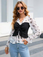 Load image into Gallery viewer, Womens - Black &amp; White - Floral Frill Trim Flounce Sleeve Drawstring Blouse
