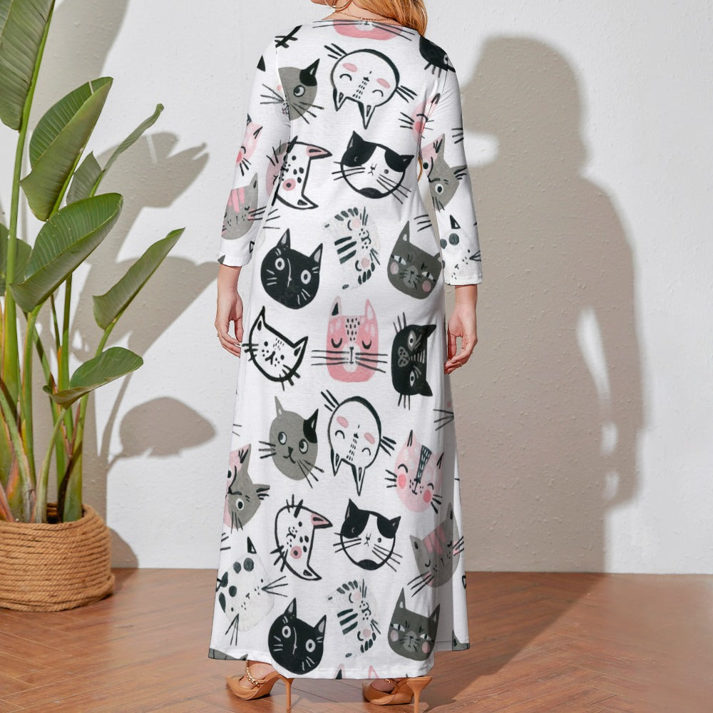 Ti Amo I love you - Exclusive Brand - White with Black Pink & Grey Cat Faces - Long Dress / Long Sleeves - Womens Plus Size - Loose Crew Neck Long Sleeve Dress - Sizes XL-5XL
