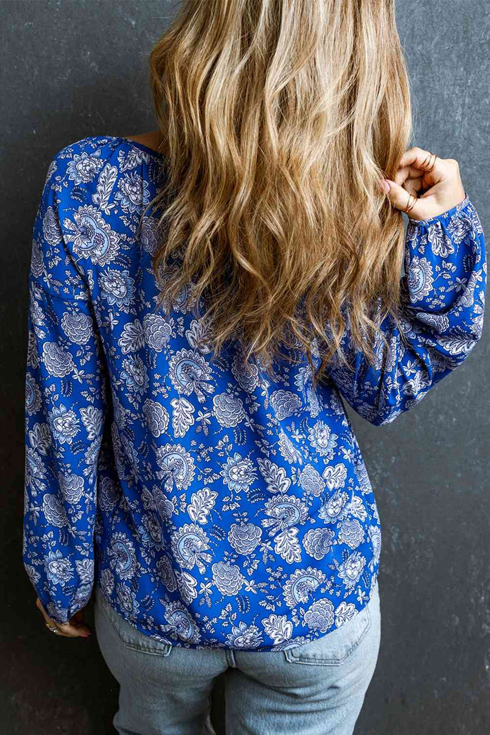 Small Floral Notched Neck Balloon Sleeve Blouse