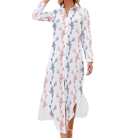 Ti Amo I love you- Exclusive Brand - White with Blue & Red Vines Pattern - Button Neck Long Sleeve Shirt Dress - Sizes S-6XL