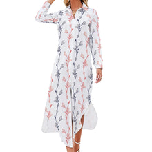 Load image into Gallery viewer, Ti Amo I love you- Exclusive Brand - White with Blue &amp; Red Vines Pattern - Button Neck Long Sleeve Shirt Dress - Sizes S-6XL
