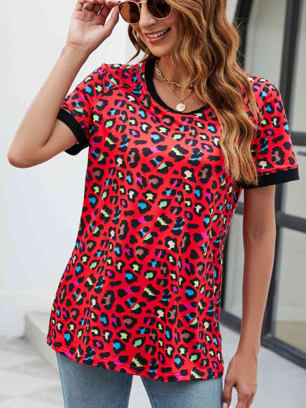 4 Colors - Leopard Round Neck Short Sleeve Tee Shirt