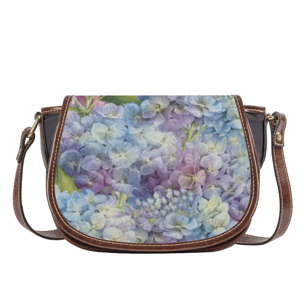 Ti Amo I love you - Exclusive Brand - Purple Blue & White Flower Pattern - PU Leather Flap Saddle Bag One Size