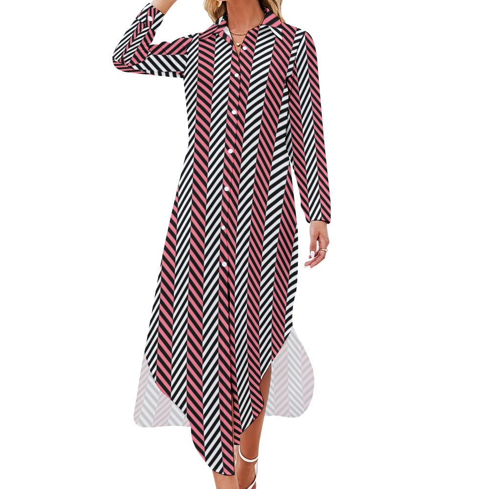 Ti Amo I love you - Exclusive Brand - 4 Styles - Gallery with Vines / Pink & Gray Chevron / Brick Vines / Red & Gray Chevron with Stripes - Womens Button Neck Long Sleeve Shirt Dress - Sizes S-6XL
