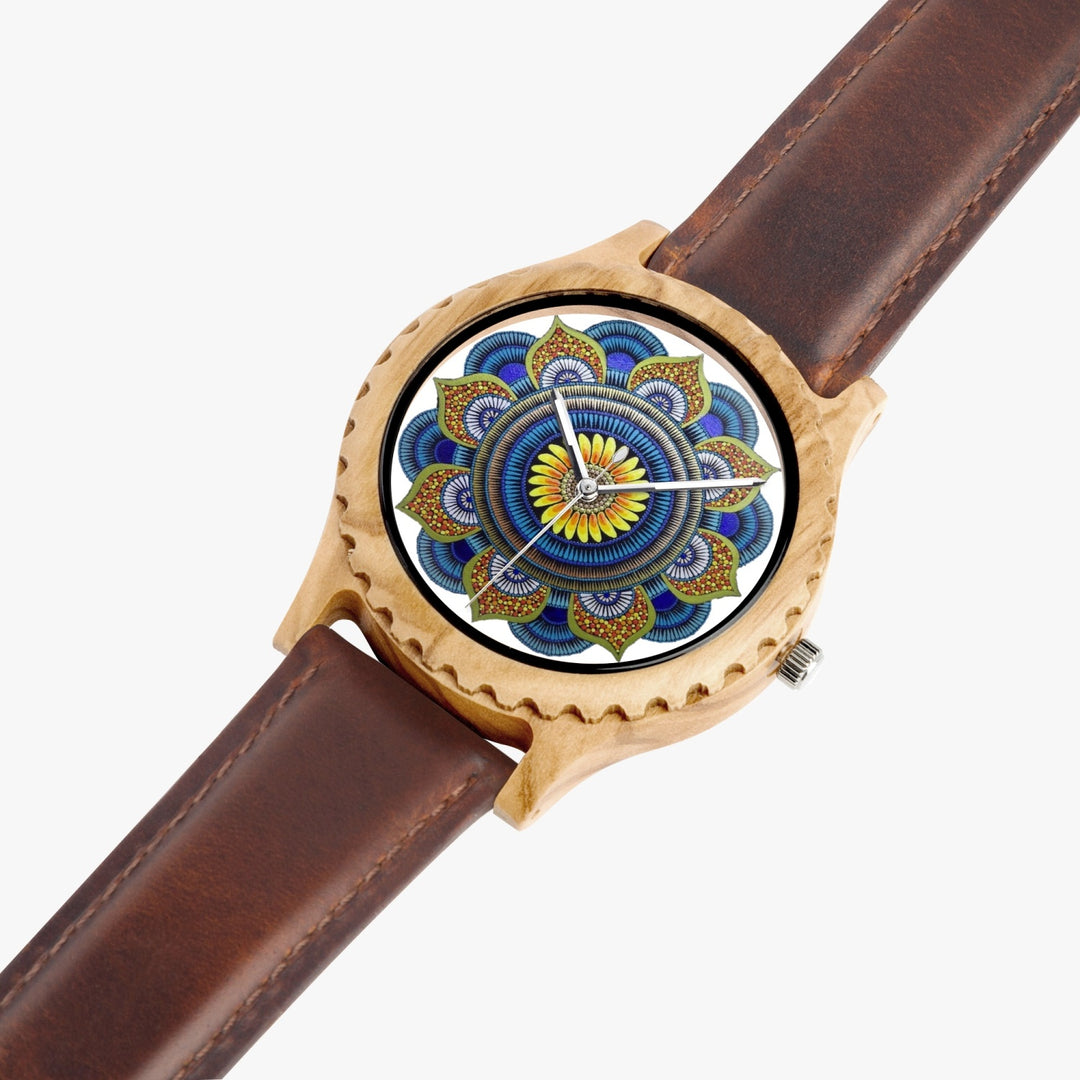 Ti Amo I love you - Exclusive Brand - Daisy and Blue Mandala - Womens Designer Italian Olive Wood Watch - Leather Strap