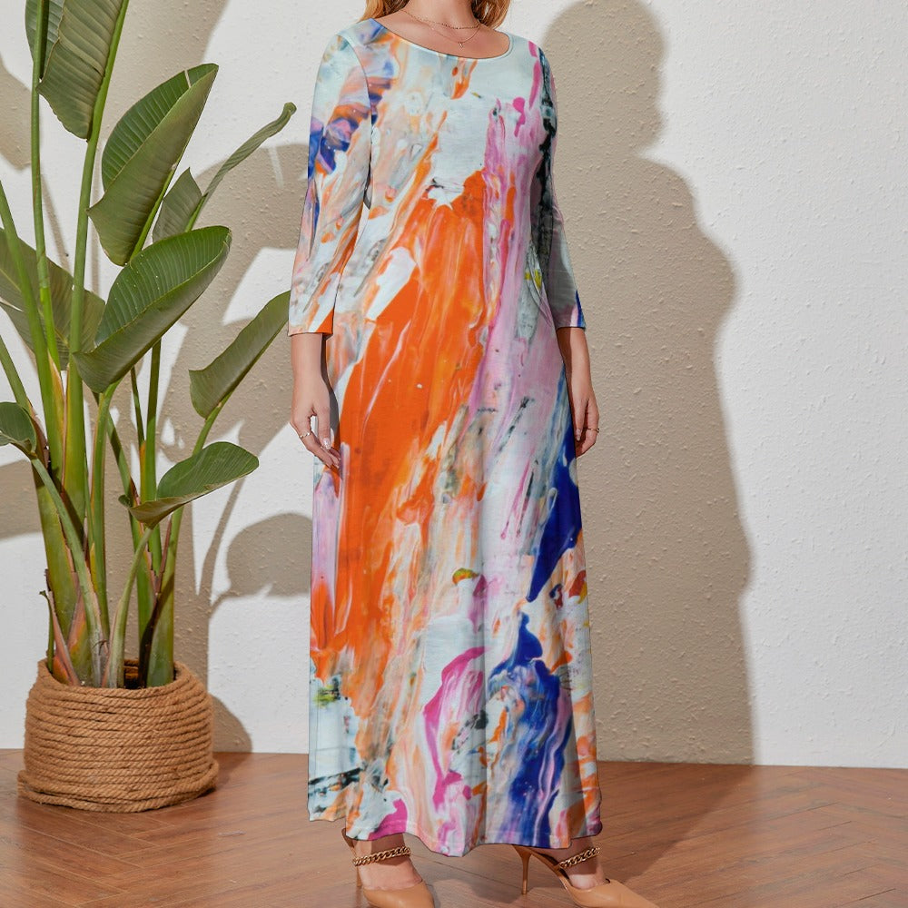 Ti Amo I love you - Exclusive Brand - Pale Green with Orange /Blue /Pink - Abstract - Womens Plus Size - Long Dress / Long Sleeves - Loose Crew Neck Long Sleeve Long Dress - Sizes XL-5XL