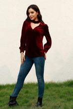 Load image into Gallery viewer, Cutout Puff Sleeve Velvet Blouse
