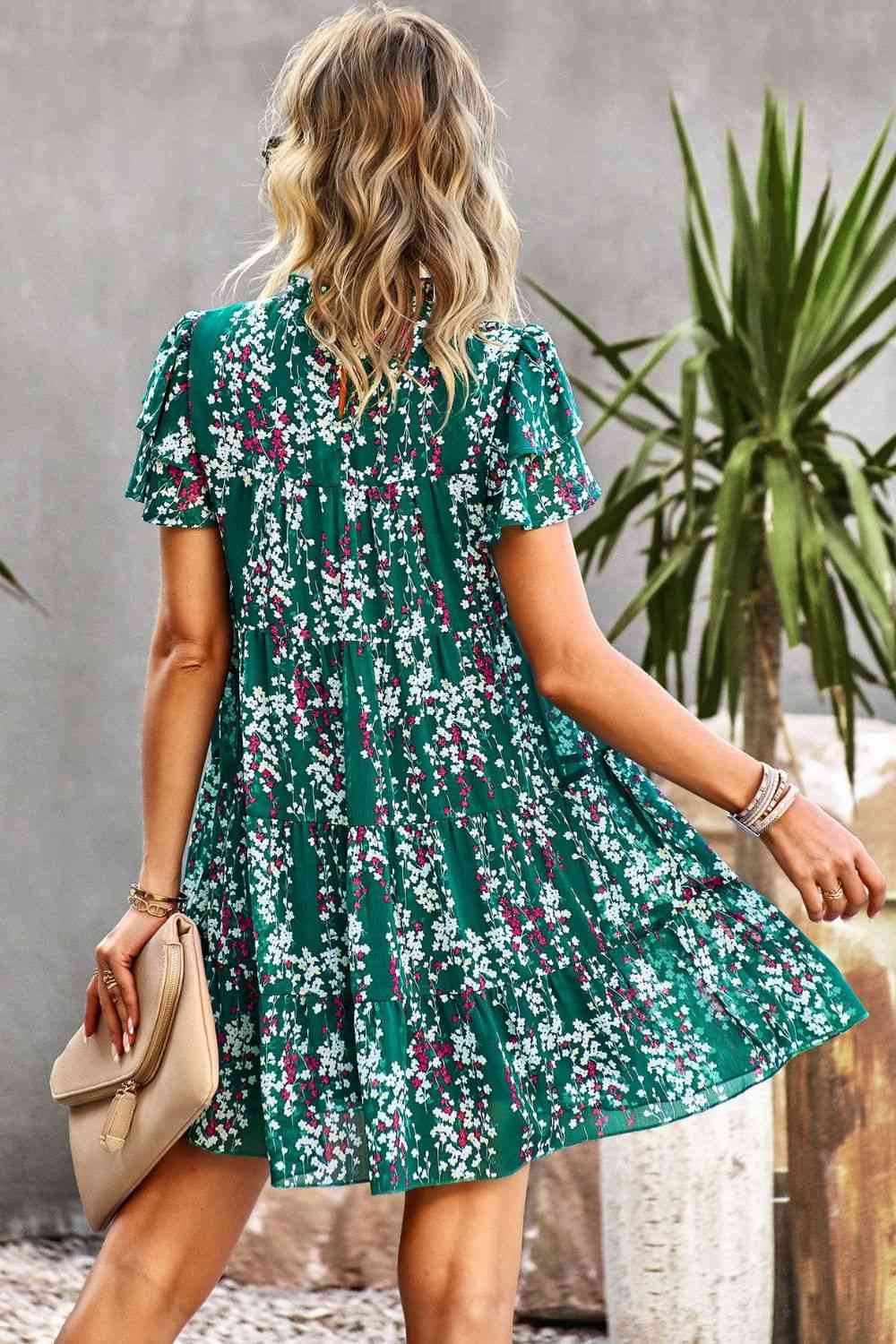 Small Floral Layered Flutter Sleeve Dress