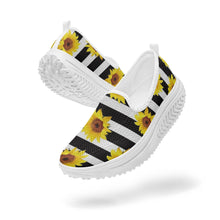 Load image into Gallery viewer, Ti Amo I love you - Exclusive Brand - Black &amp; White Stripes with Sunflowers - Women&#39;s Slip-On Mesh Rocking Shoes
