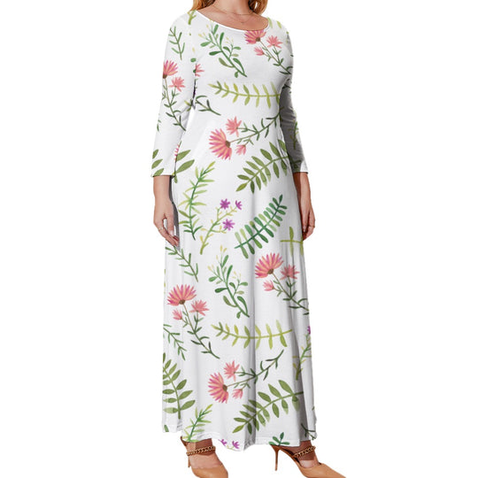 Ti Amo I love you - Exclusive Brand - White Floral & Leaf - Womens Plus Size - Long Dress / Long Sleeves -  Loose Crew Neck Long Sleeve Long Dress - Sizes XL-5XL