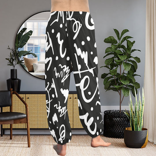 Ti Amo I love you  - Exclusive Brand  - Black Pants with White Scribble -  Women's Harem Pants