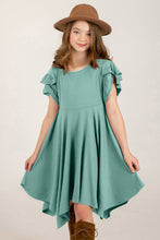 Load image into Gallery viewer, Teal - Jrs Round Neck Petal Sleeve Dress
