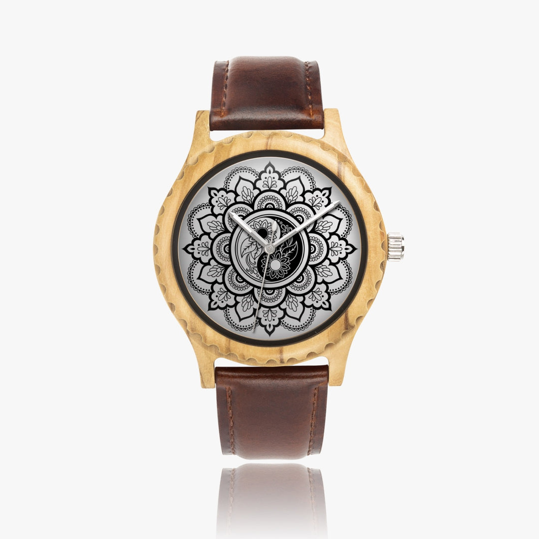 Ti Amo I love you - Exclusive Brand - Yin & Yang Mandala - Unisex Designer Italian Olive Wood Watch - Leather Strap 45mm Brown