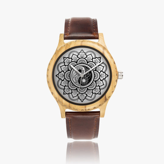 Ti Amo I love you - Exclusive Brand - Yin & Yang Mandala - Unisex Designer Italian Olive Wood Watch - Leather Strap 45mm Brown
