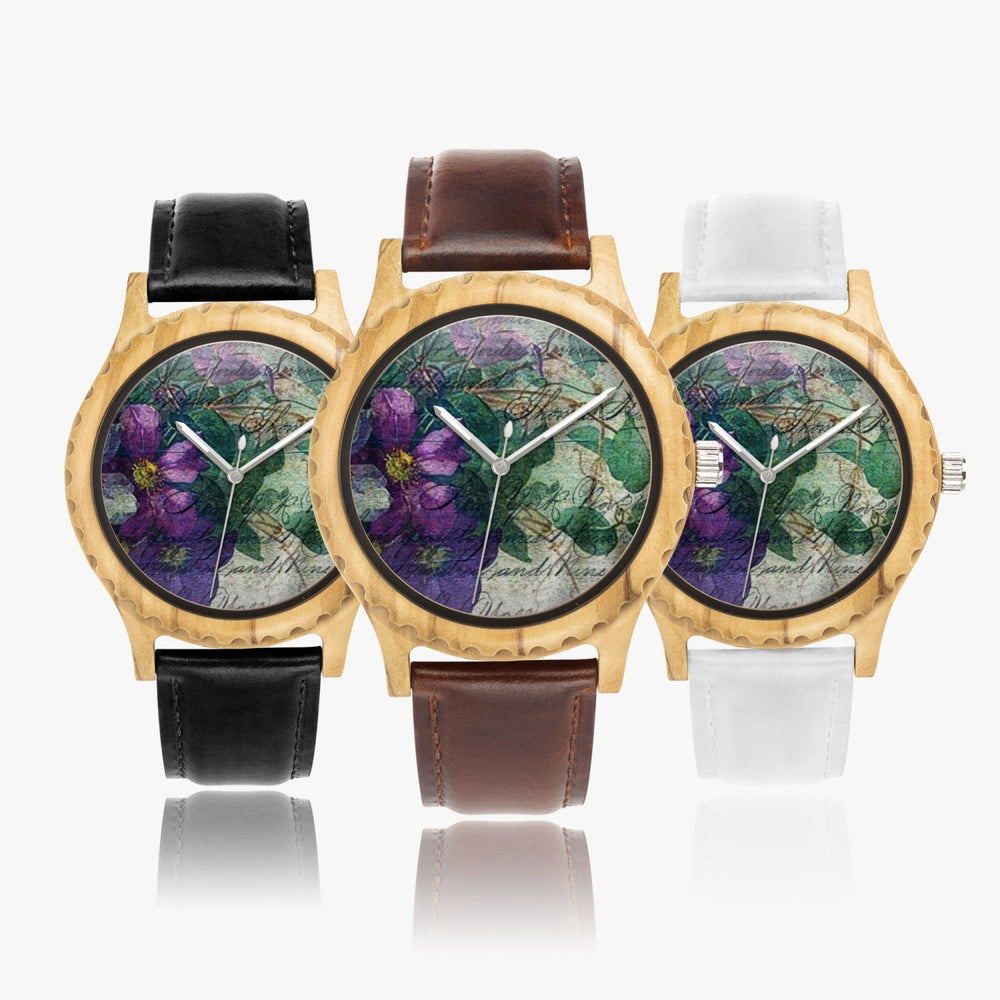 Ti Amo I love you - Exclusive Brand - Purple Floral & Writing Pattern - Womens Designer Italian Olive Wood Watch - Leather Strap 45mm Black