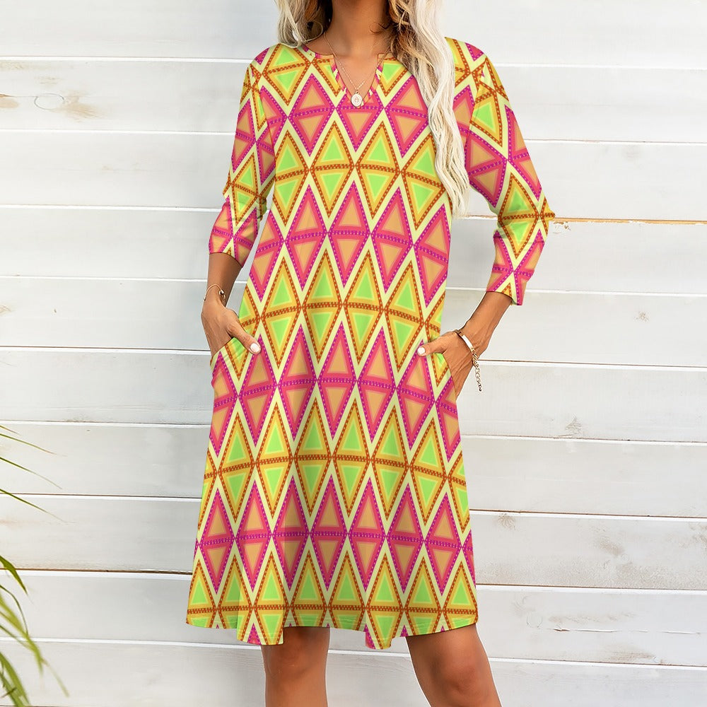 Ti Amo I love you - Exclusive Brand - Yellow & Pink Diamonds - 7-point Sleeve Dress - Sizes S-5XL