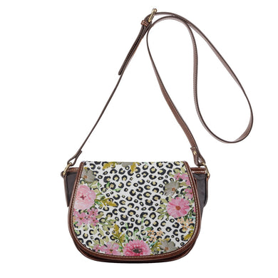 Ti Amo I love you - Exclusive Brand - Leopard with Pink Flowers - PU Leather Flap Saddle Bag