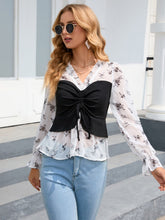 Load image into Gallery viewer, Womens - Black &amp; White - Floral Frill Trim Flounce Sleeve Drawstring Blouse
