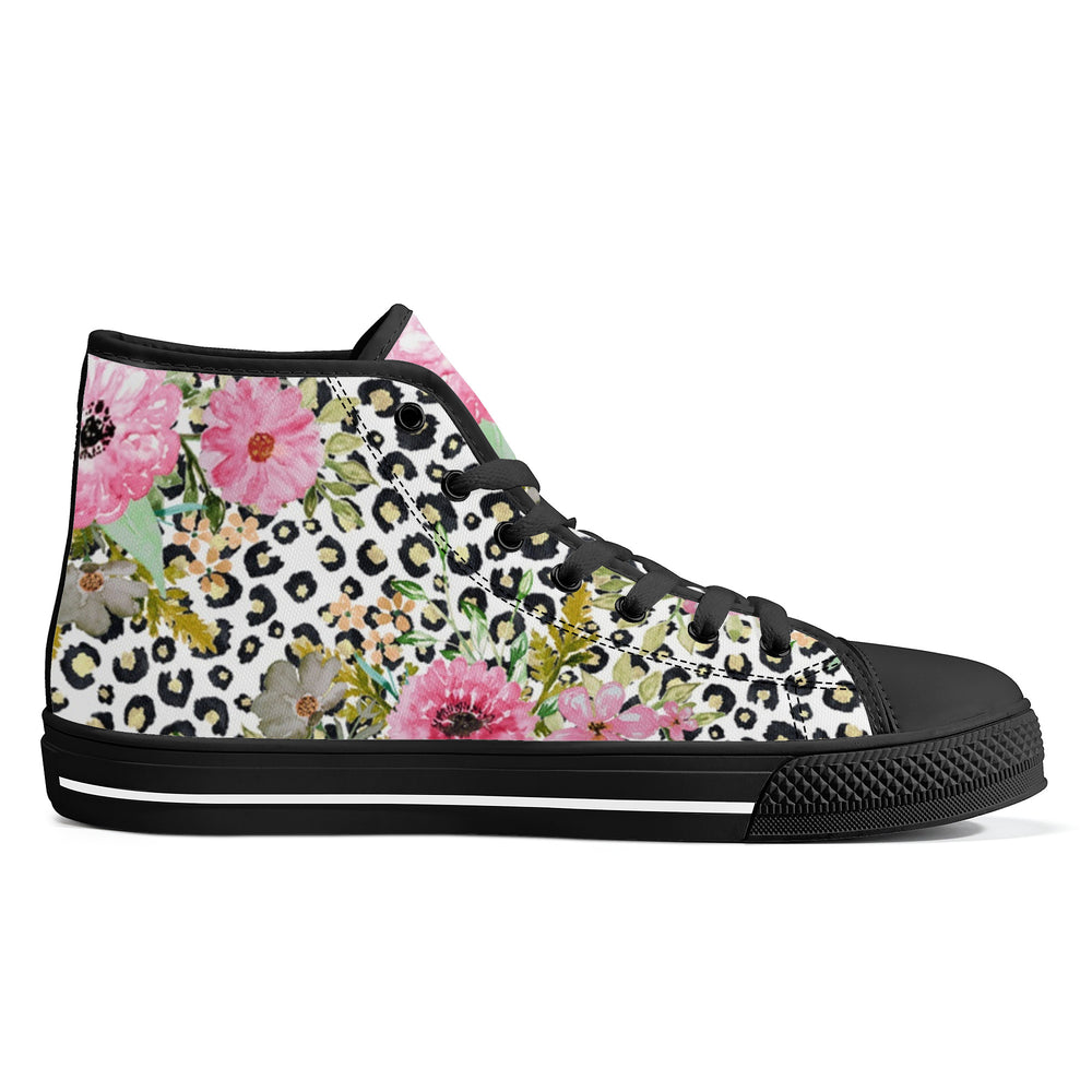 Ti Amo I love you - Exclusive Brand - Leopard with Flowers - High-Top Canvas Shoes - Black
