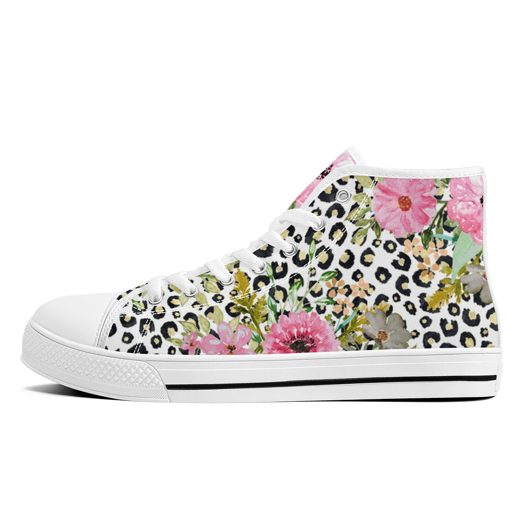 Ti Amo I love you  - Exclusive Brand  - Leopard & Flowers - High-Top Canvas Shoes - White