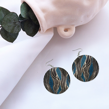 Load image into Gallery viewer, Ti Amo I love you - Exclusive Brand  - Dark Charcoal with Bright Cerulean Lined Pattern - Geometric Round Wooden Earrings
