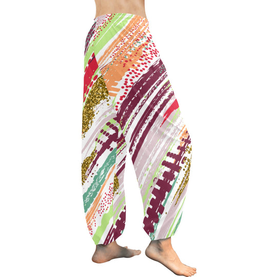 Ti Amo I love you  - Exclusive Brand  - White with Diagonal Colorful Striped Pattern - Women's Harem Pants - Sizes XS-2XL
