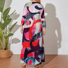 Load image into Gallery viewer, Ti Amo I love you - Exclusive Brand - Red Pink Fushia Plum Abstract Pattern -  Womens Plus Size - Long Dress / Long Sleeves - Loose Crew Neck Long Sleeve Long Dress - Sizes XL-5XL
