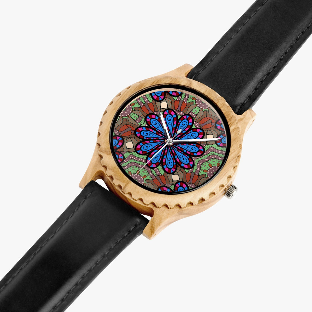 Ti Amo I love you - Exclusive Brand - Flower Pattern - Womens Designer Italian Olive Wood Watch - Leather Strap
