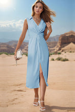 Load image into Gallery viewer, Slit Johnny Collar Sleeveless Midi Dress
