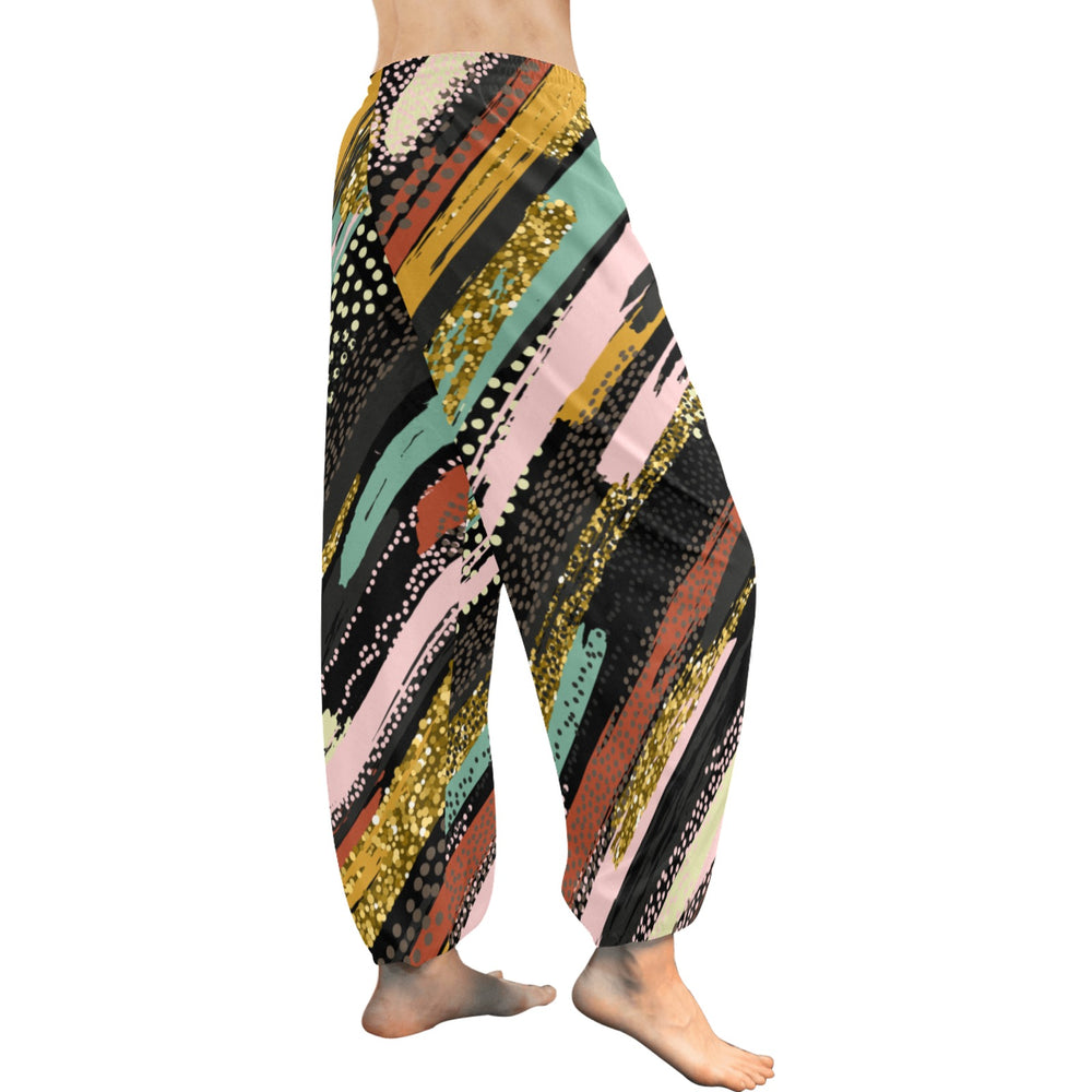 Ti Amo I love you  - Exclusive Brand - Black with Colorful Horizontal Stripes - Women's Harem Pants - Sizes XS-2XL
