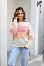 Load image into Gallery viewer, Waffle-Knit Round Neck Dropped Shoulder Color Block Sweater
