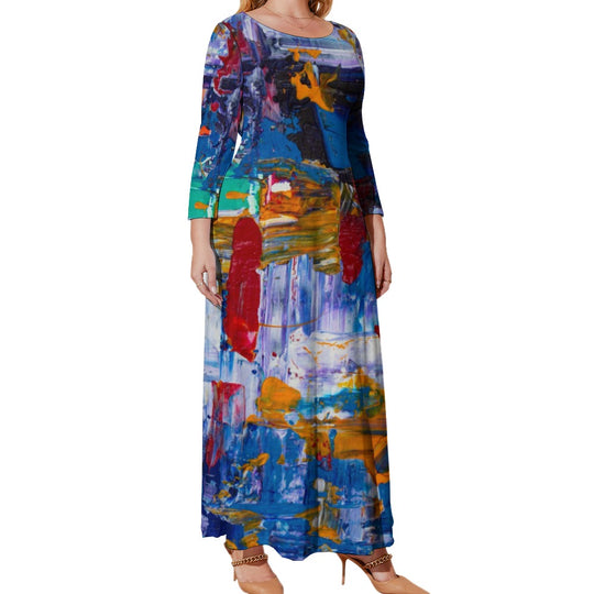 Ti Amo I love you - Exclusive Brand - Blue Abstract - Long Dress / Long Sleeves -  Womens Plus Size - Loose Crew Neck Long Sleeve Long Dress - Sizes XL-5XL