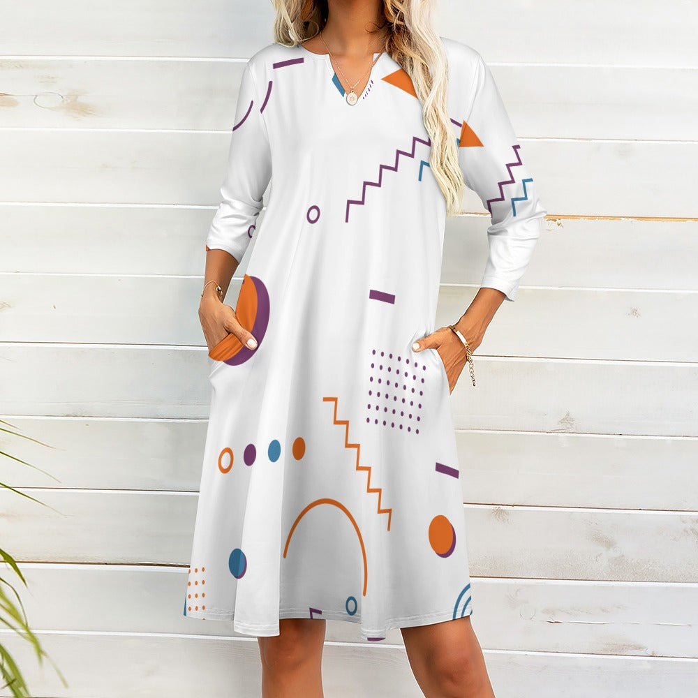 Ti Amo I love you - Exclusive Brand  - White Geometrical Pattern -7-Point Long Sleeve Dress - Sizes S-5XL