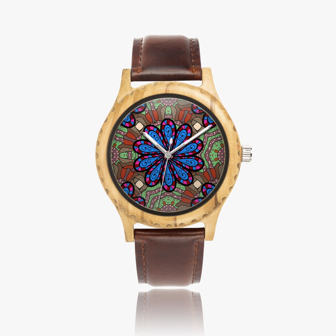 Ti Amo I love you - Exclusive Brand - Flower Pattern - Womens Designer Italian Olive Wood Watch - Leather Strap 45mm Brown