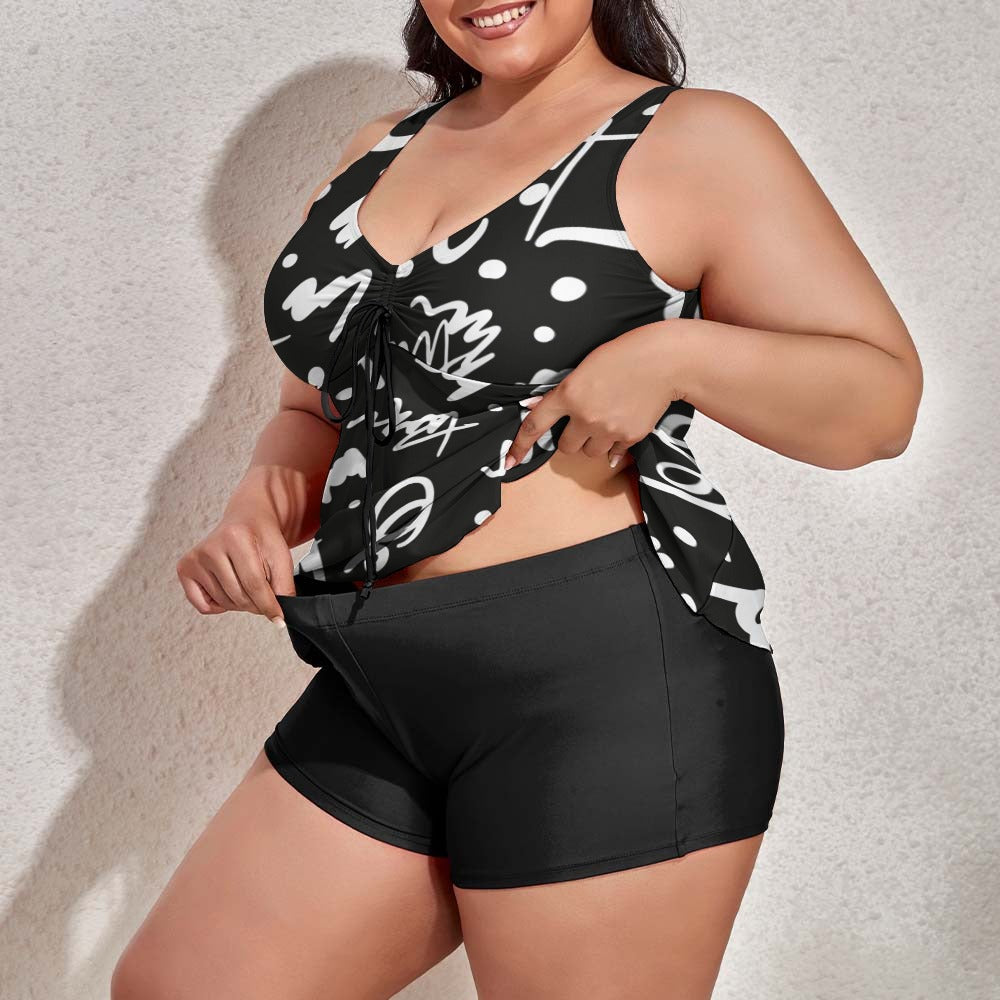 Ti Amo I love you - Exclusive Brand - Black with White Lines - Women's Plud Size Split 2pc Swimsuit - Sizes XL-5XL