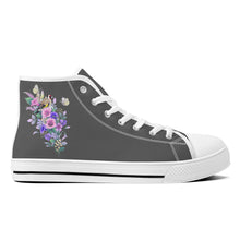 Load image into Gallery viewer, Ti Amo I love you  - Exclusive Brand - Dark Gray with Pink &amp; Purple Flowers High-Top Canvas Shoes - White
