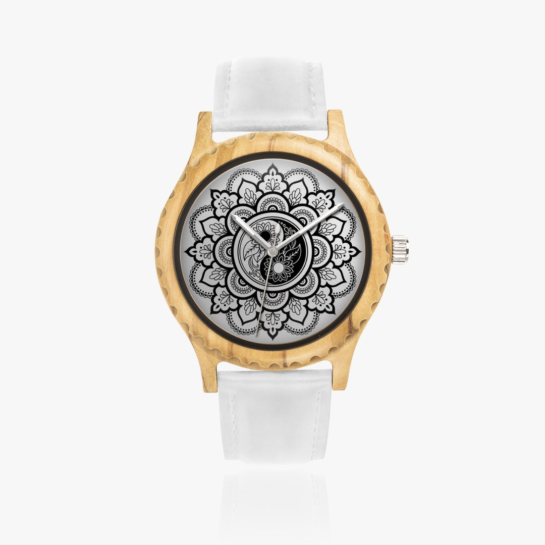 Ti Amo I love you - Exclusive Brand - Yin & Yang Mandala - Unisex Designer Italian Olive Wood Watch - Leather Strap 45mm White