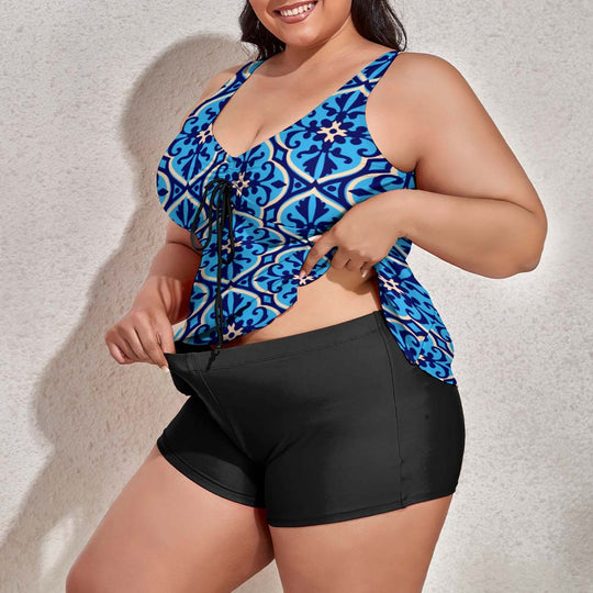 Ti Amo I love you - Exclusive Brand  - Women's Plus Size - Picton Blue 2 Floral Pattern - 2pc Split Swimsuit - Sizes XL-6XL
