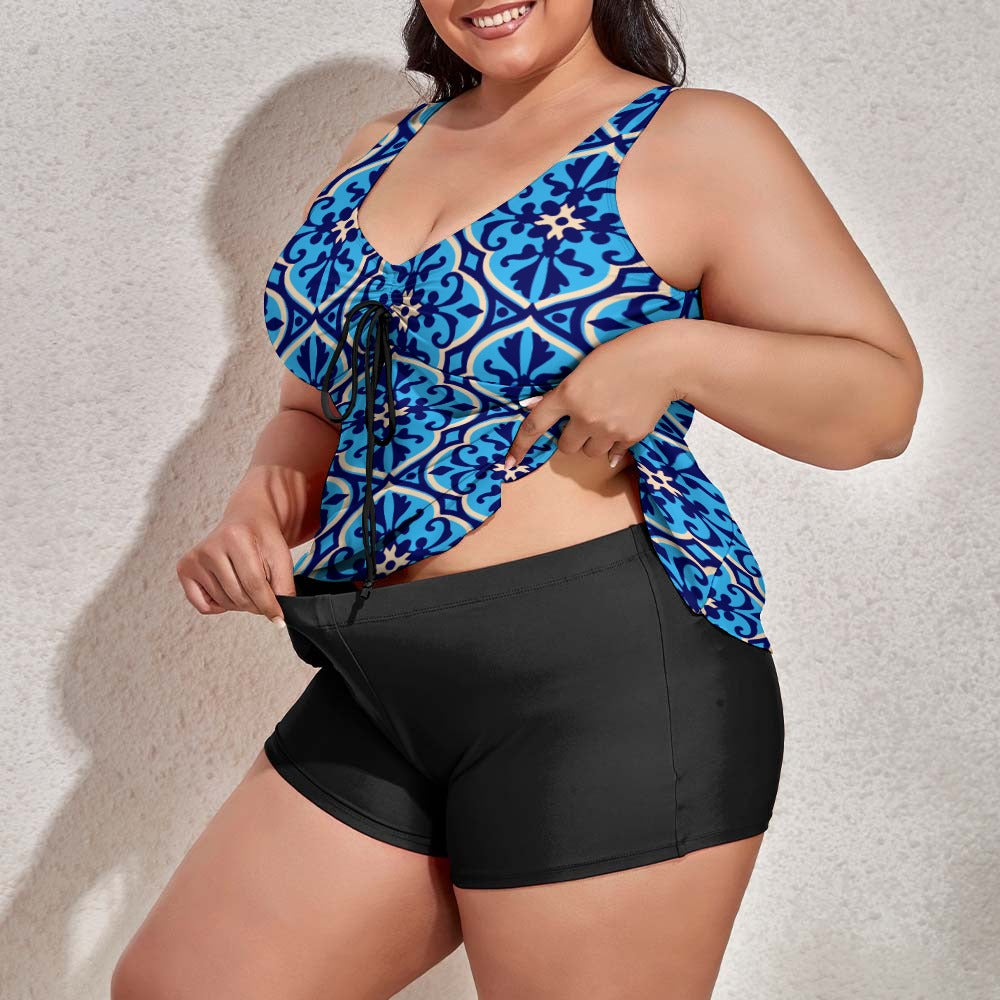 Ti Amo I love you - Exclusive Brand  - Women's Plus Size - Picton Blue 2 Floral Pattern - 2pc Split Swimsuit - Sizes XL-6XL