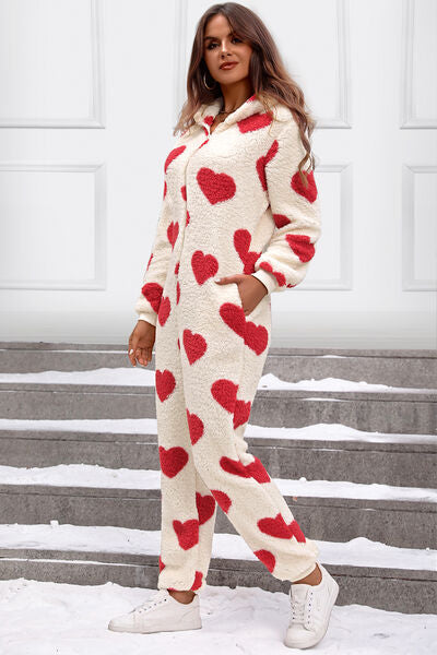 3 Colors - Fuzzy Heart Zip Up Hooded Lounge Jumpsuit