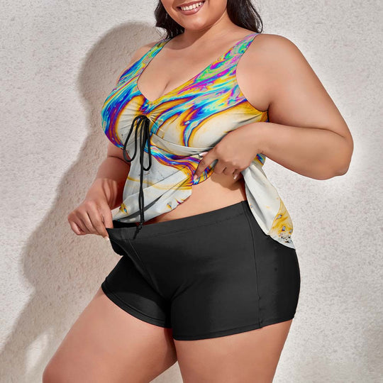 Ti Amo I love you - Exclusive Brand - Oil Slick Rainbow - Women's Plus Size Drawstring 2pc Swimsuit - Sizes XL-5XL