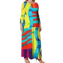 Load image into Gallery viewer, Ti Amo I love you - Exclusive Brand - Yellow Red Aqua Stripes - Womens Plus Size - Long Dress / Long Sleeves - Loose Crew Neck Long Sleeve Long Dress - Sizes XL-5XL
